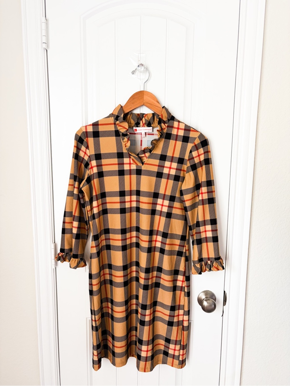 Jude Connally Plaid Ruffle-Neck Shift Dress Size Small